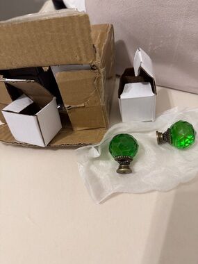 Faceted Green Glass Drawer Knobs with Antique Brass Base 8 Qty
